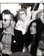 John Lennon and Yoko Ono at the Watergate hearings, 1973